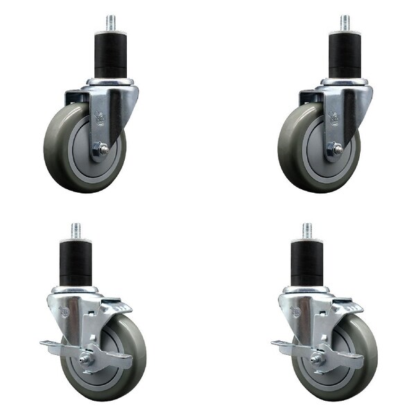 4'' Gray Poly Wheel Swivel 1-3/4'' Expanding Stem Caster Set 2 Brakes, 4PK